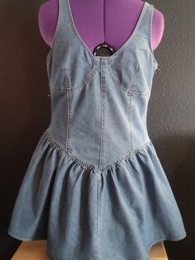 Denim Sleeveless Fit-and-Flare Dress in Blue